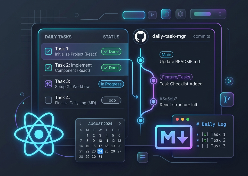 A sleek, conceptual illustration of a Git-backed daily task manager workflow