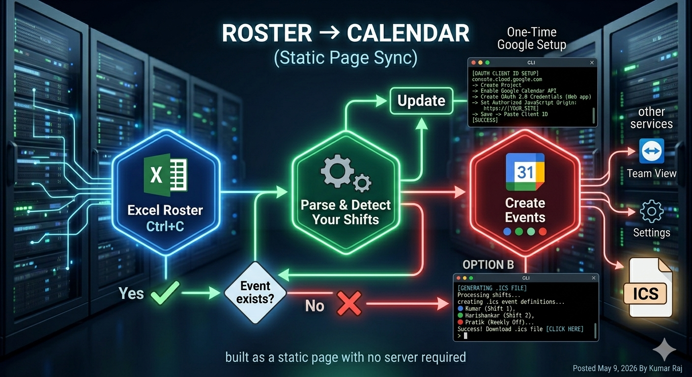 Roster → Calendar sync flow — Excel to Google Calendar as a static page